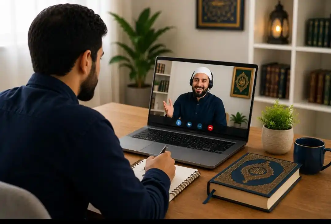 Adult learning Quran online with a qualified Quran teacher from home.