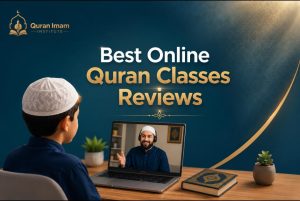 Student learning Quran online with a qualified Al-Azhar teacher during a one-to-one online lesson.