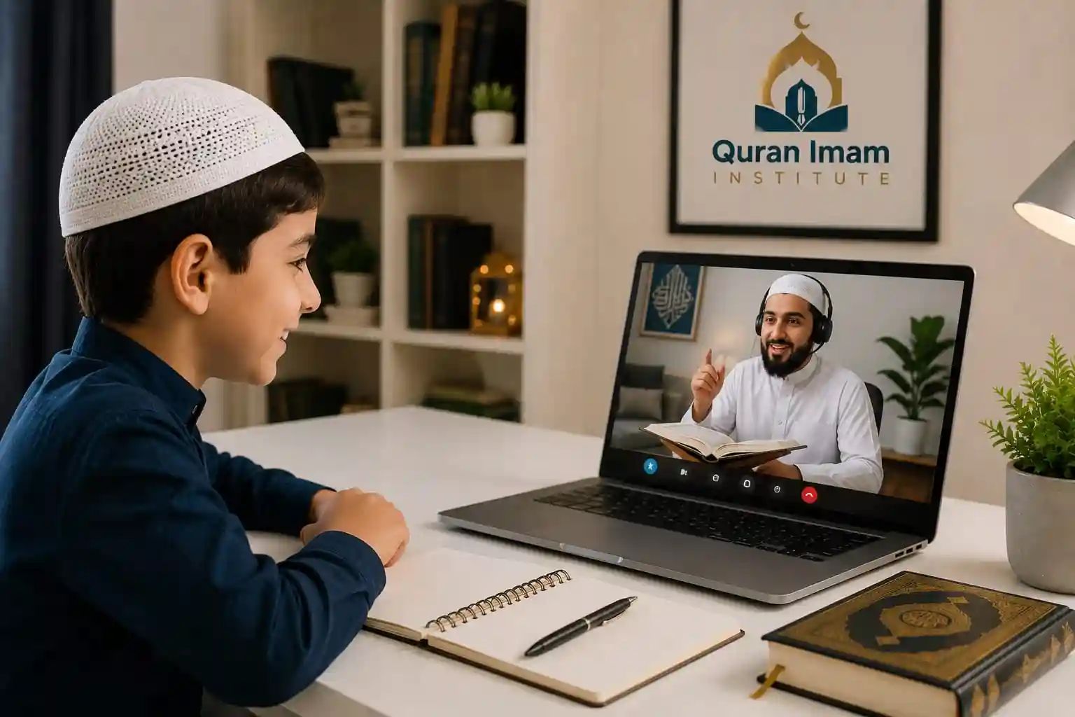 Child learning Quran online with a private Quran tutor in a one-to-one lesson