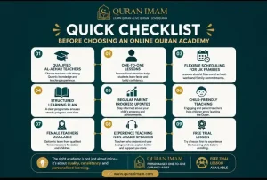 Checklist showing the most important factors to consider before choosing an online Quran academy.