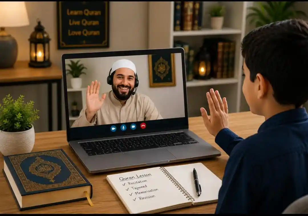 Student attending a one-to-one online Quran lesson with a qualified Al-Azhar teacher.