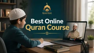 Student learning in the best online Quran course with a qualified Al-Azhar teacher during a personalised one-to-one online lesson.
