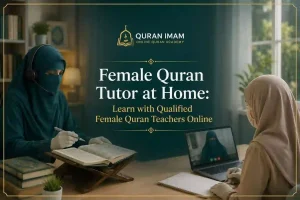 Female Quran tutor at home teaching a personalised online Quran lesson to a student.