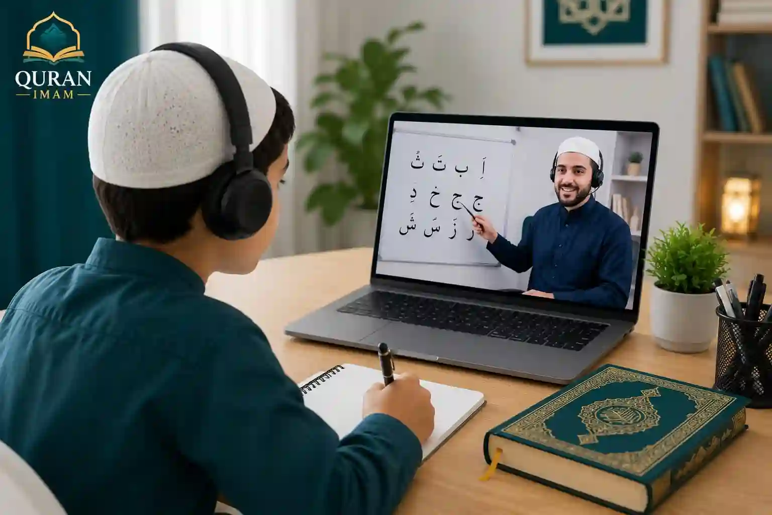 Beginner learning the Arabic alphabet during an online Quranic Arabic lesson.