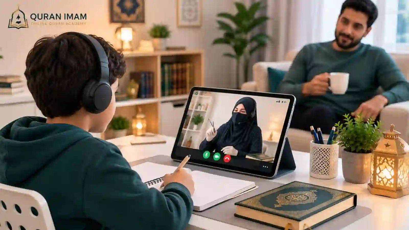 Parent supporting a child during an online one-to-one Quran lesson with a qualified teacher.