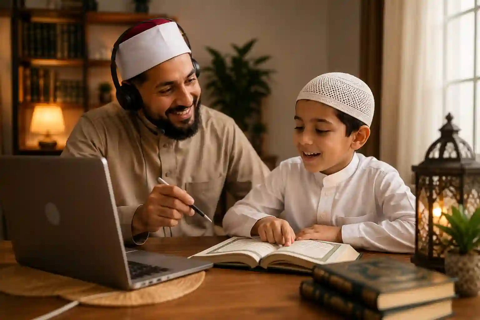 Qualified Al-Azhar teacher helping a young student improve Quran recitation during a live online lesson.