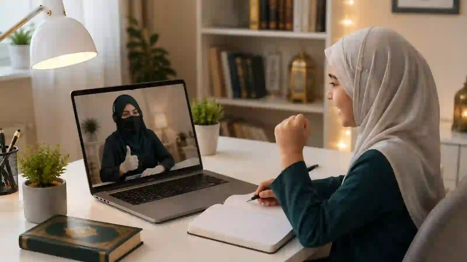 Student attending a personalised online Quran lesson with a qualified female teacher.