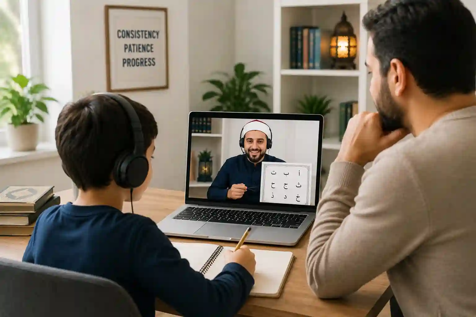 Parent supporting a child during an online Quran lesson with a qualified Quran teacher in the UK.