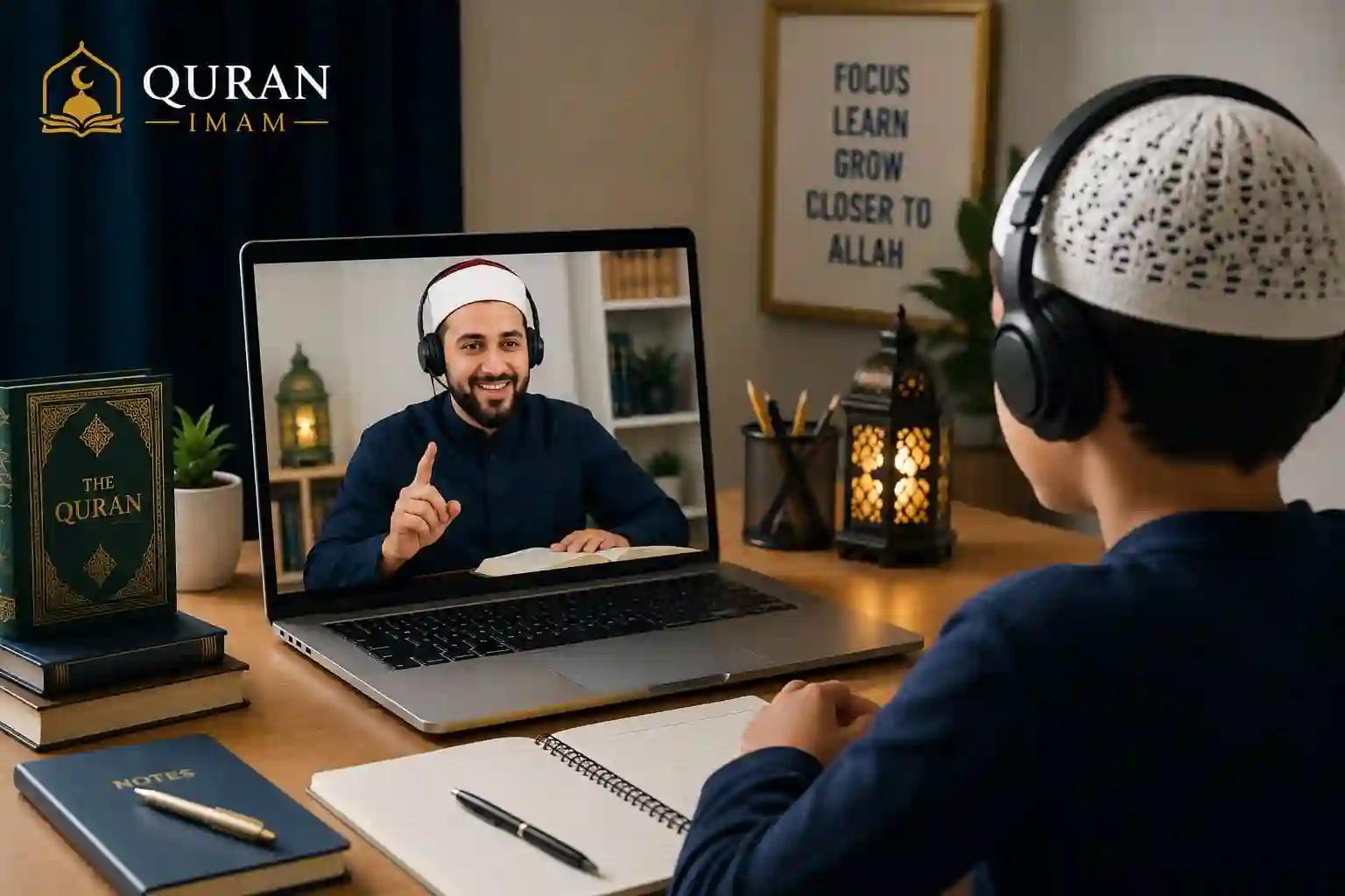Qualified online Quran teacher teaching a child through a live one-to-one lesson.