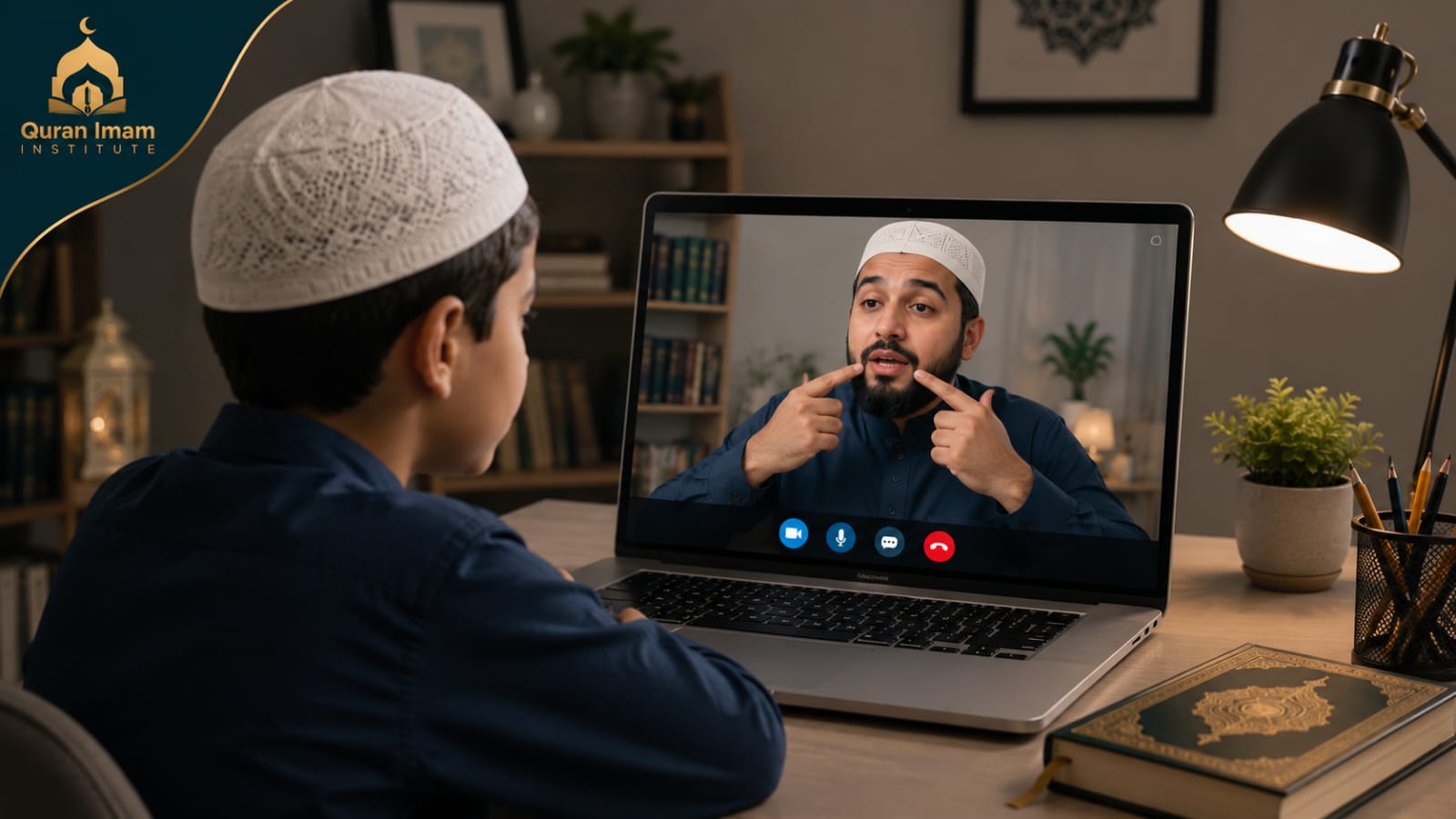 Qualified Quran teacher teaching Arabic pronunciation and Tajweed during an online lesson.