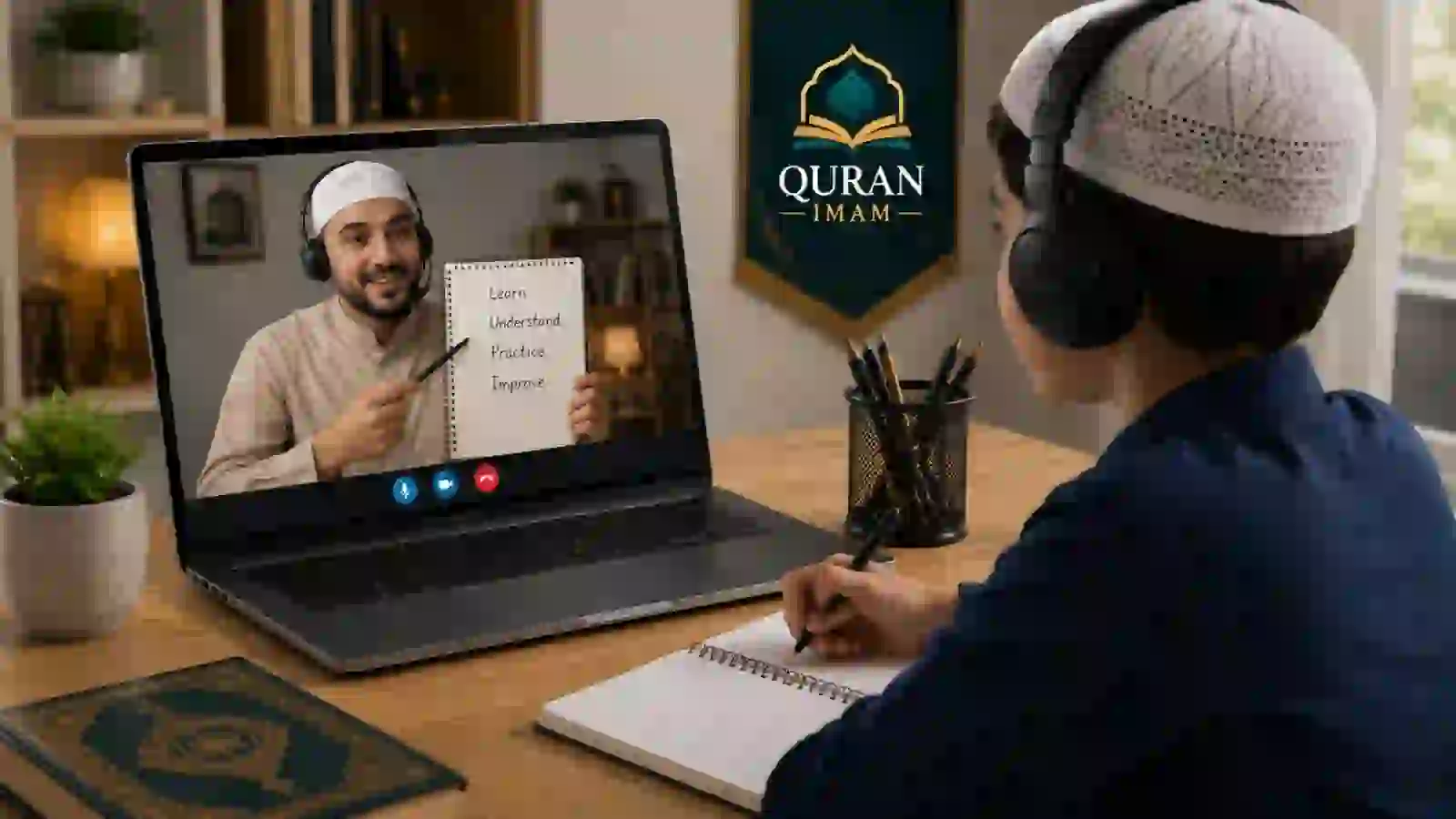 Student practising Quranic Arabic vocabulary with an online tutor.