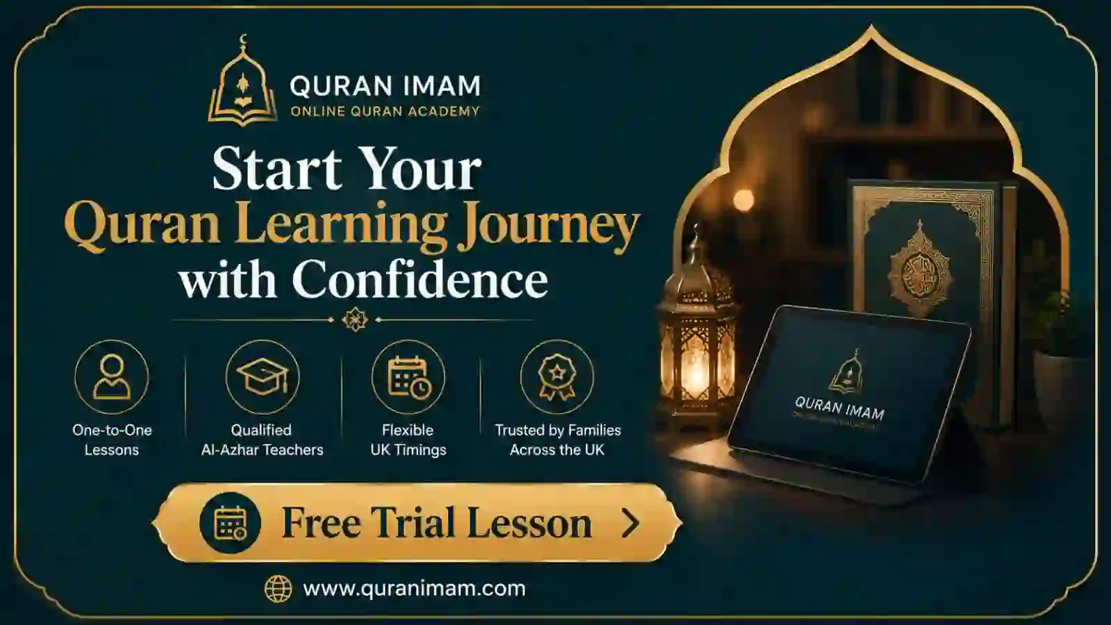 Free trial lesson banner for personalised online Quran learning with qualified Al-Azhar teachers.