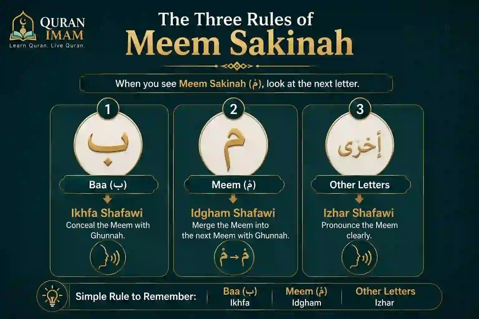 The three Meem Sakinah rules: Ikhfa Shafawi, Idgham Shafawi and Izhar Shafawi