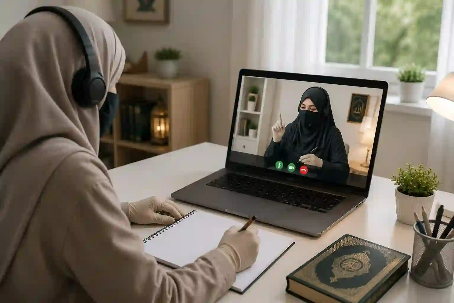 Woman learning Quran online with a female Quran teacher