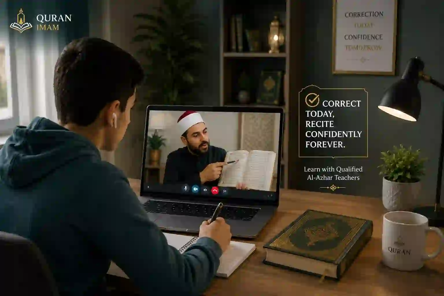 Online Quran lesson helping a student improve Tajweed and Quran recitation