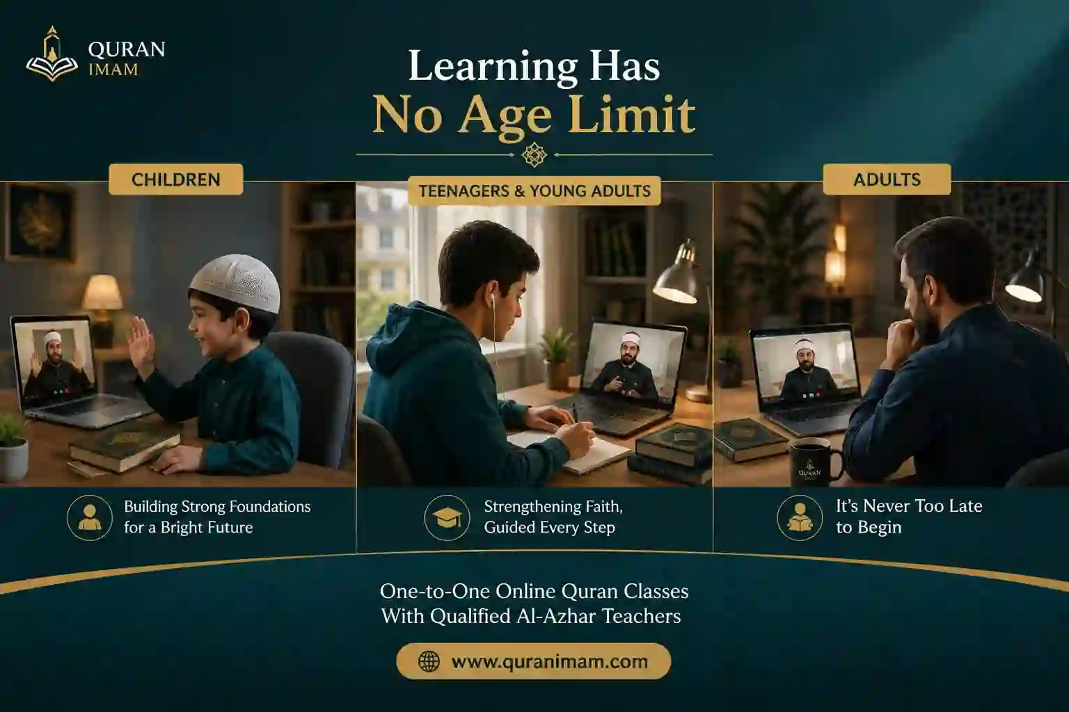 Children teenagers and adults learning the Quran online with qualified teachers