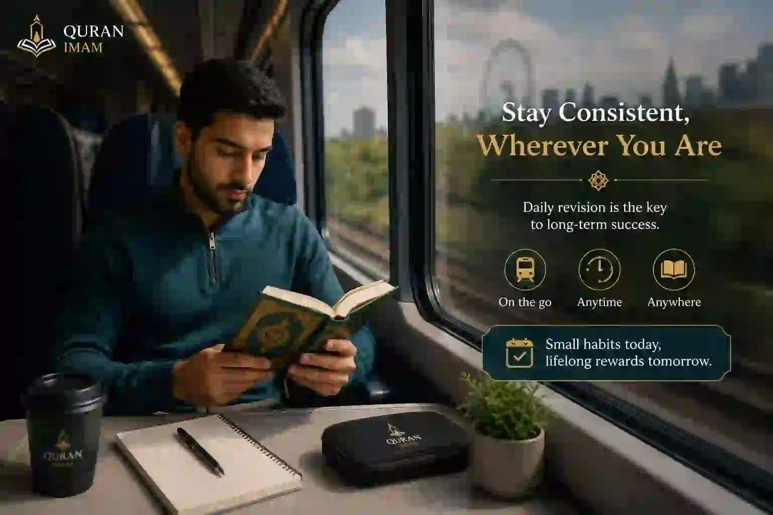 Student revising the Quran while travelling to maintain daily memorization