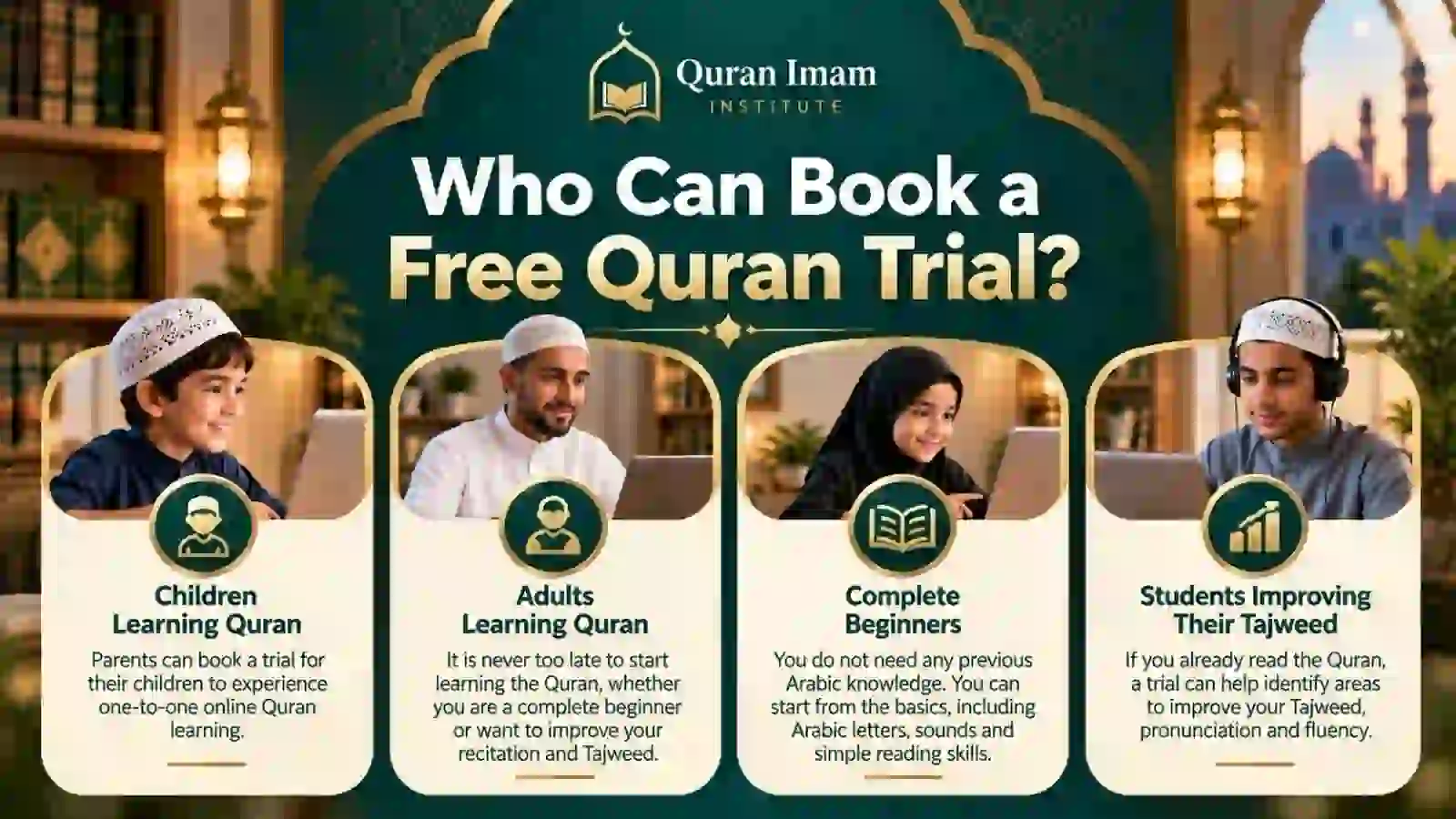 Children adults beginners and Tajweed students eligible for a free Quran trial